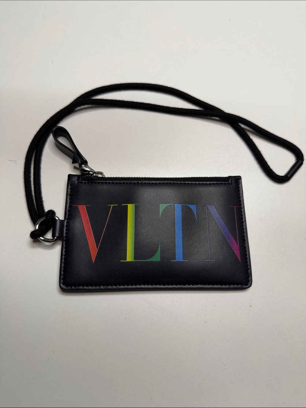 Valentino Black Leather VLTN Rainbow Logo Cardholder with Strap